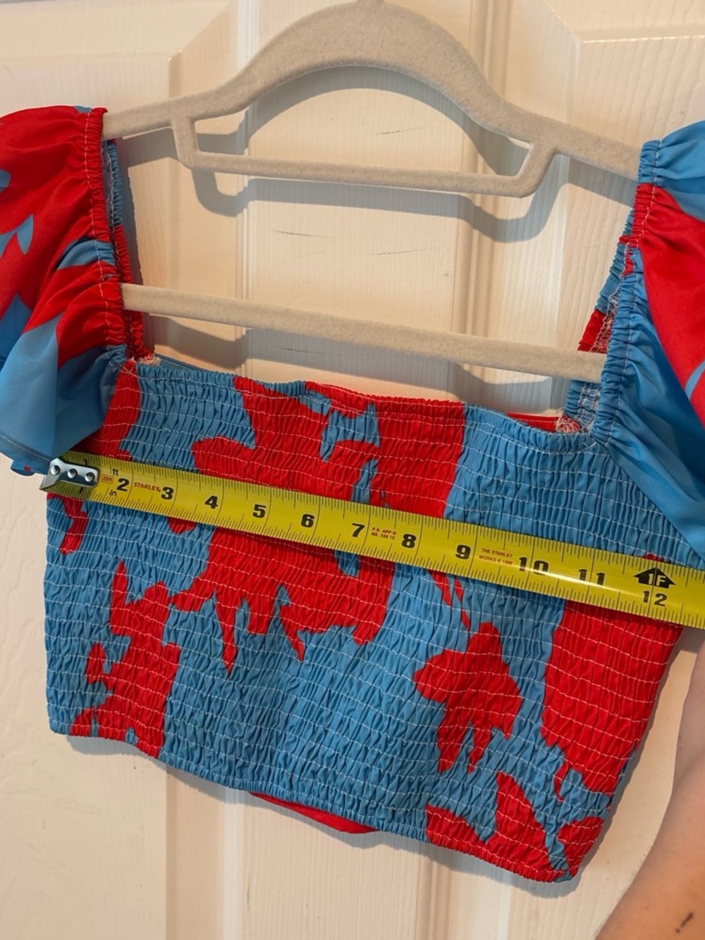 Amazon Blue Crop Top with Red Floral Print and Ruffled Sleeves - Picture 4 of 6